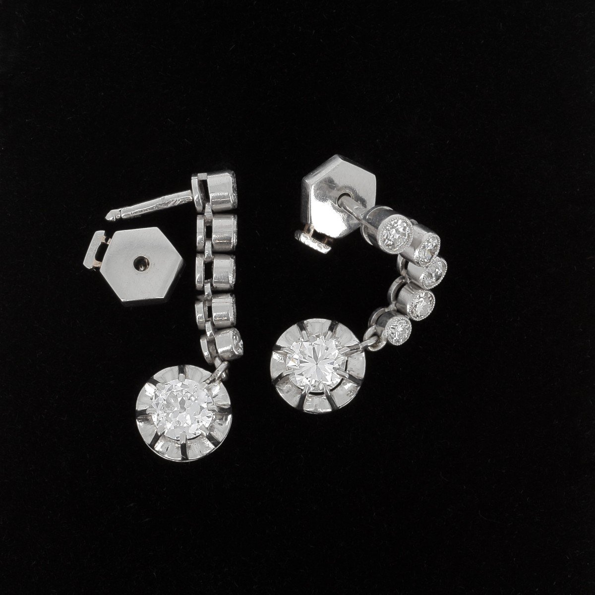 1.30 Ct Old Cut Platinum And Diamond Drop Earrings