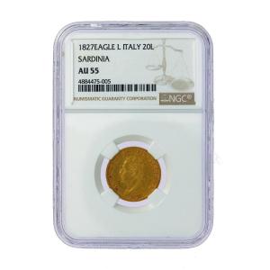 20 Lire Gold Charles Felix 1827 Au55 (pcgs)