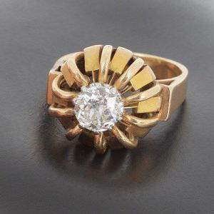 Bague Dôme En Or Jaune 750 ‰ Et Diamant Taille Ancienne - B10286