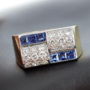 Tank Ring In 750 ‰ Yellow Gold Presenting Sapphires And Diamonds - B10344