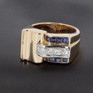 Tank Ring In 750‰ Yellow Gold With Calibrated Diamonds And Sapphires - B10354