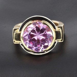 750‰ Yellow Gold Ring Presenting In Open Bezel Setting A 4.74 Ct Pink Sapphire - B10428