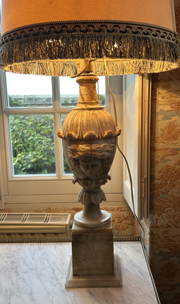 Pair Of Large Neoclassical Alabaster Lamps From The 19th Century-photo-2