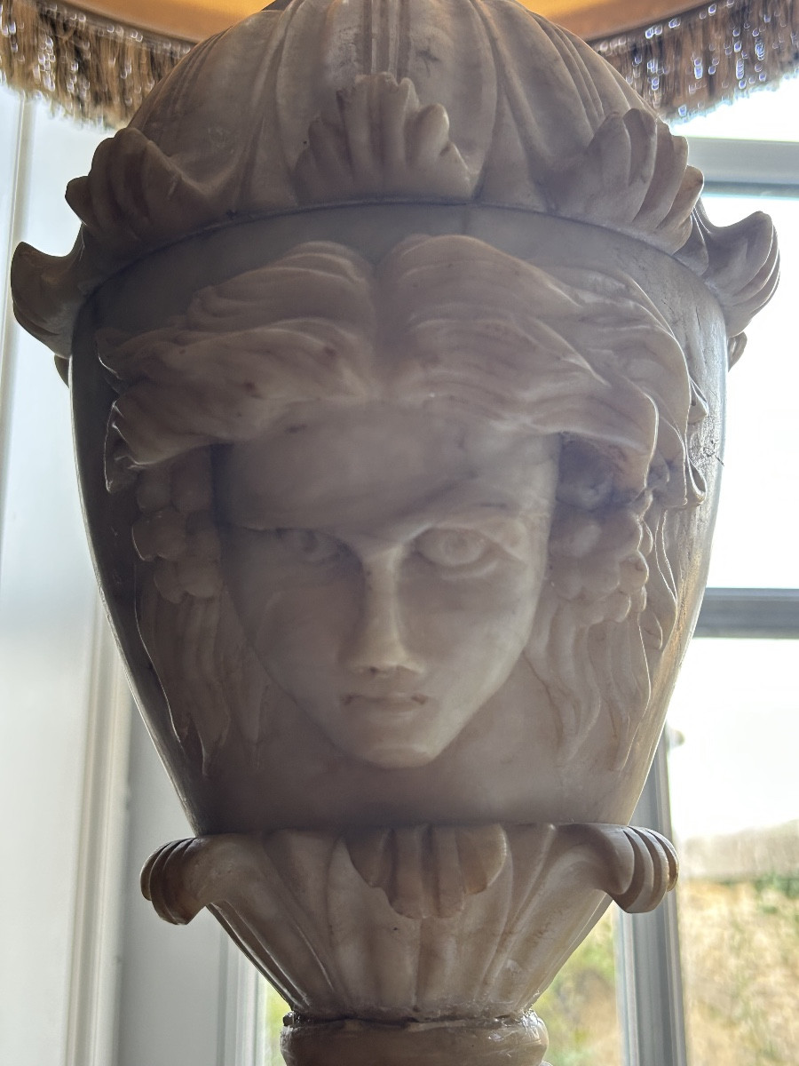 Pair Of Large Neoclassical Alabaster Lamps From The 19th Century-photo-4