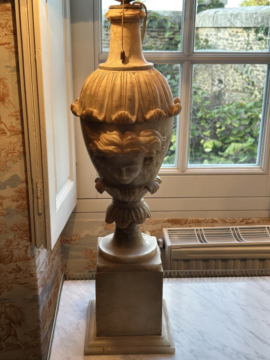 Pair Of Large Neoclassical Alabaster Lamps From The 19th Century-photo-5