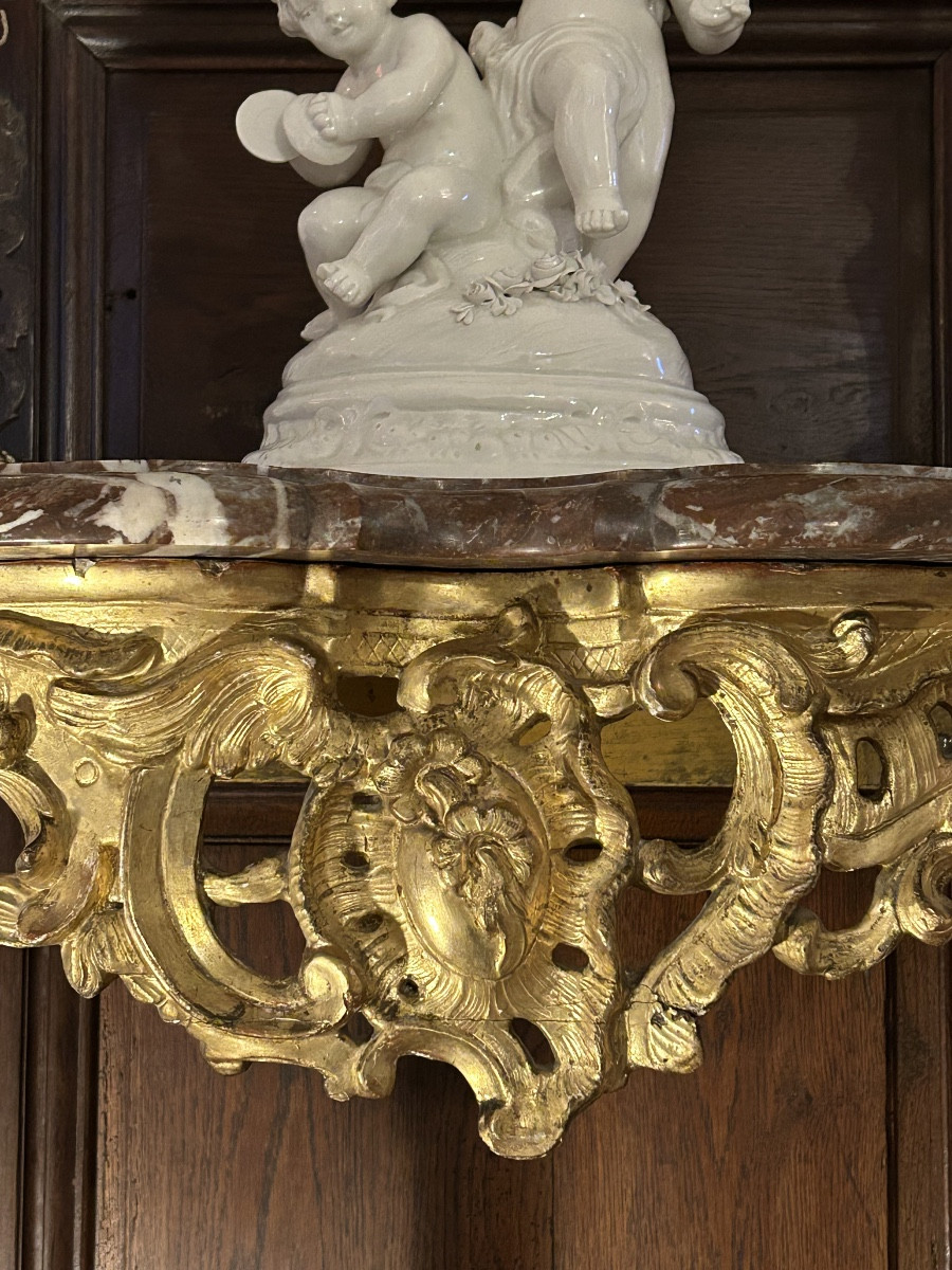 Console d’applique en bois doré sculpté « aux grenades »d’époque Louis XV-photo-3