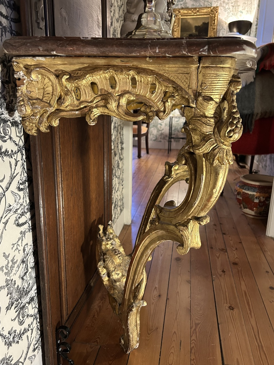 Console d’applique en bois doré sculpté « aux grenades »d’époque Louis XV-photo-4