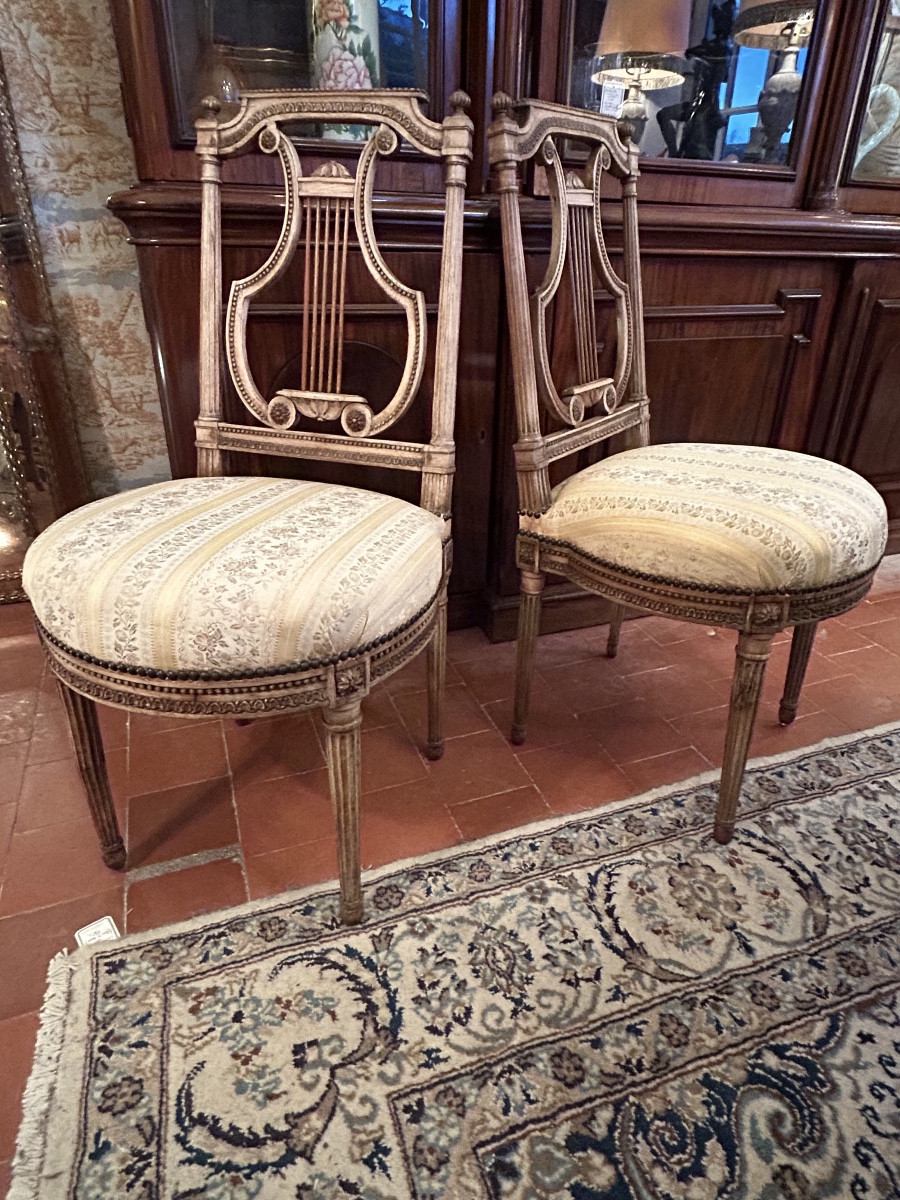 Pair Of Louis XVI Period Chairs, Lyre Model.