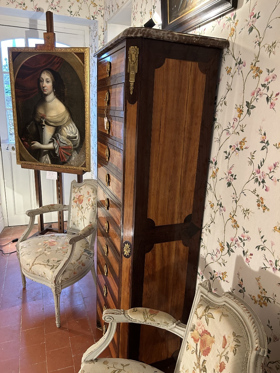 Grand chiffonnier colonnaire en marqueterie d’époque Louis XVI-photo-3