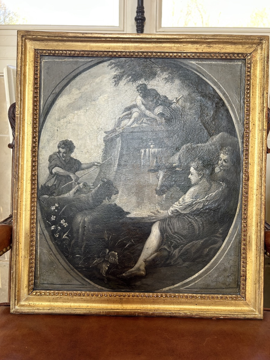 Grisaille , Huile sur toile d’époque XVIIIe d’après François Boucher-photo-5