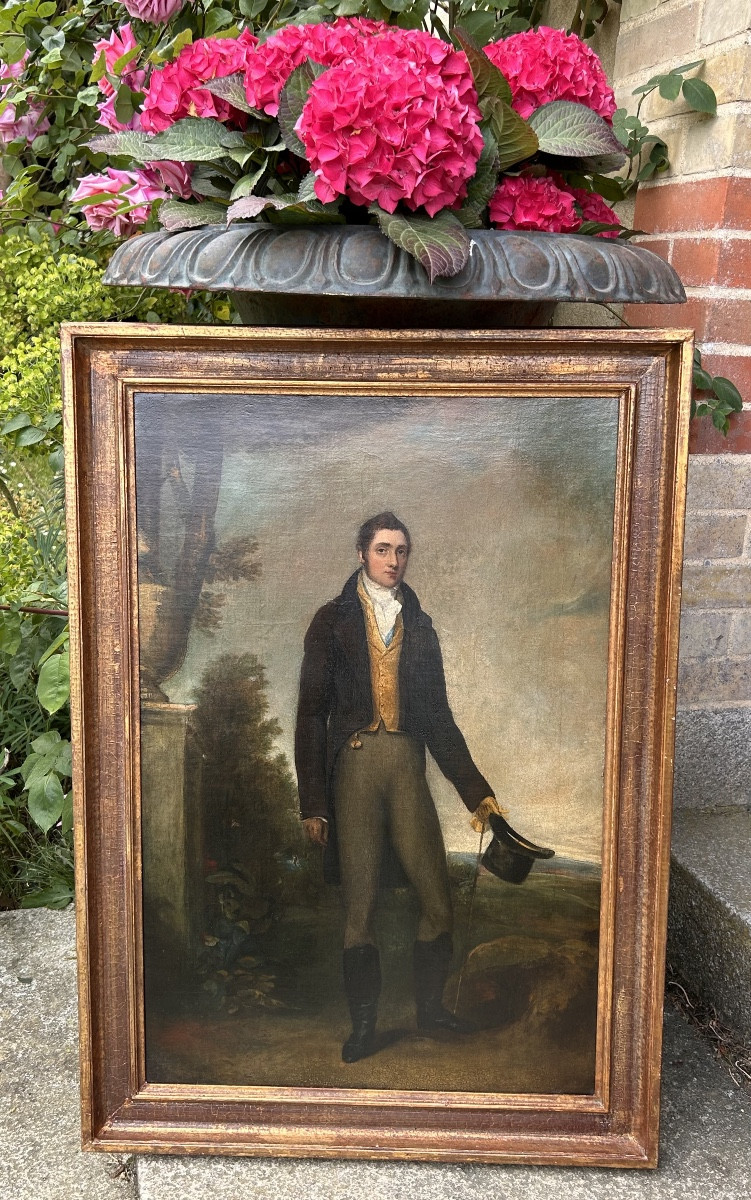 Portrait en pied de gentilhomme anglais dans un jardin début XIXe