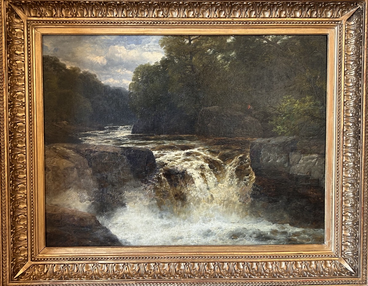 Waterfall In An English Landscape, Hst By J.b. Smith, 19th Century