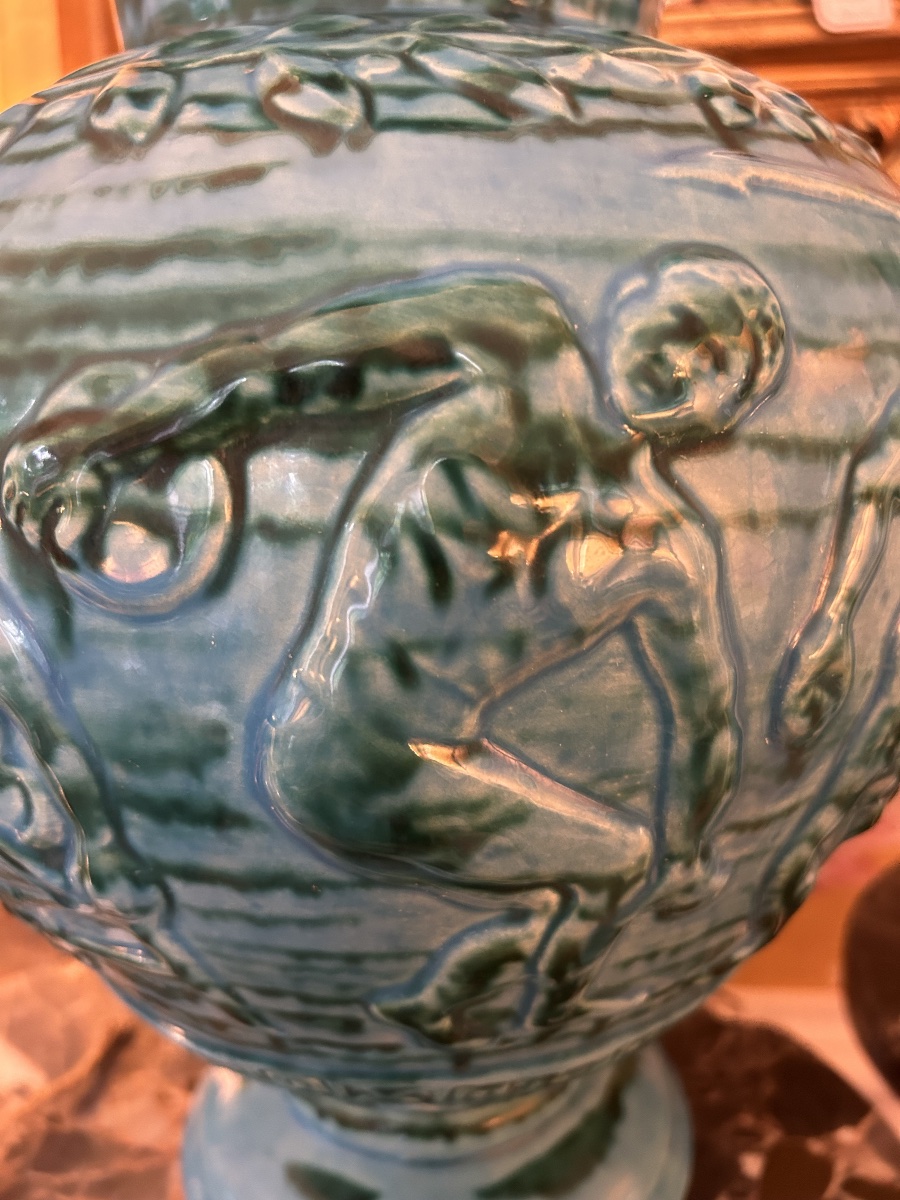 Grand vase balustre Olympiades grecques, signé MASSIER, Vallauris XXe siècle -photo-2