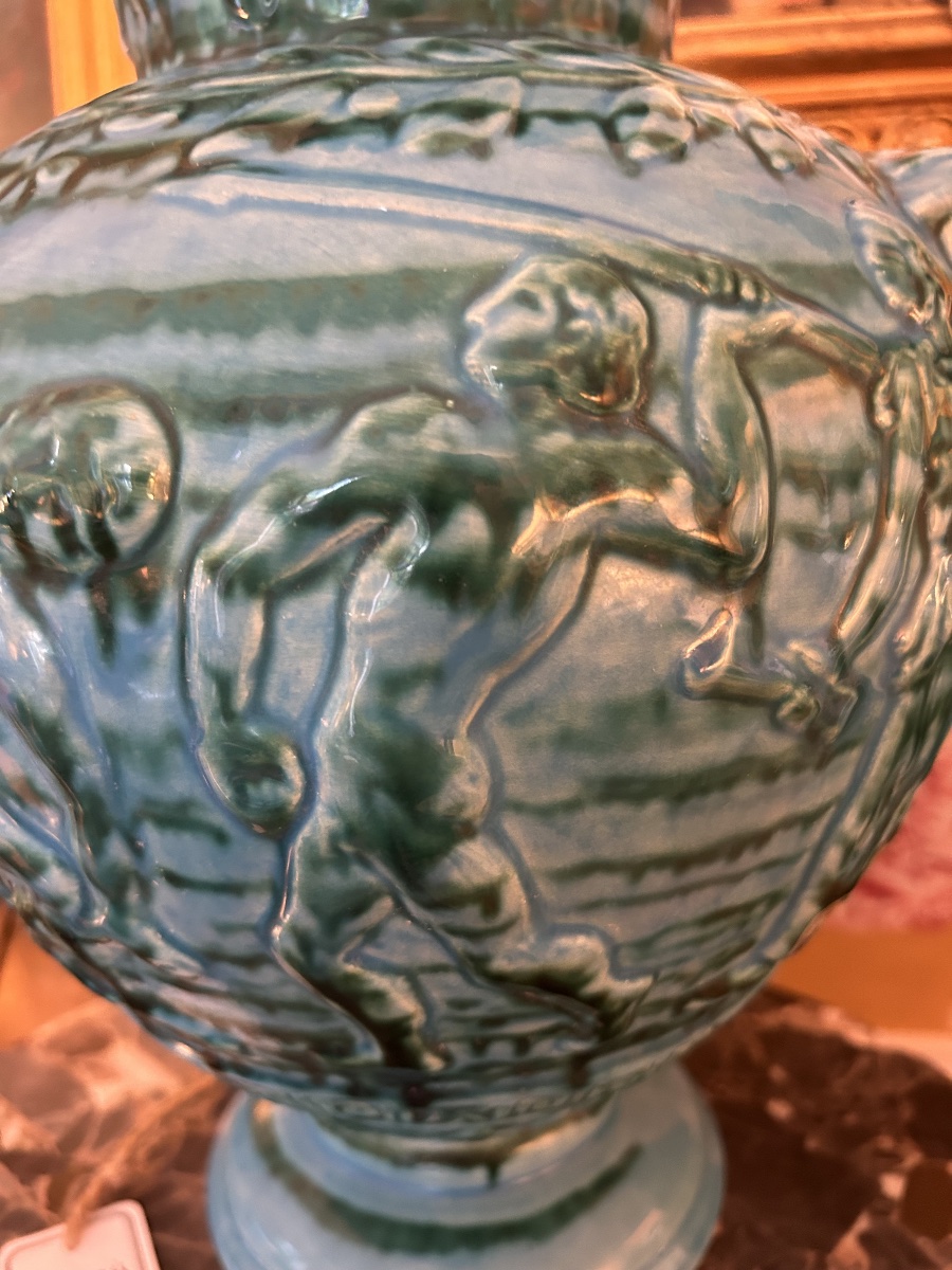 Grand vase balustre Olympiades grecques, signé MASSIER, Vallauris XXe siècle -photo-1