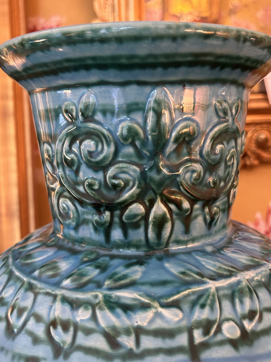 Grand vase balustre Olympiades grecques, signé MASSIER, Vallauris XXe siècle -photo-8