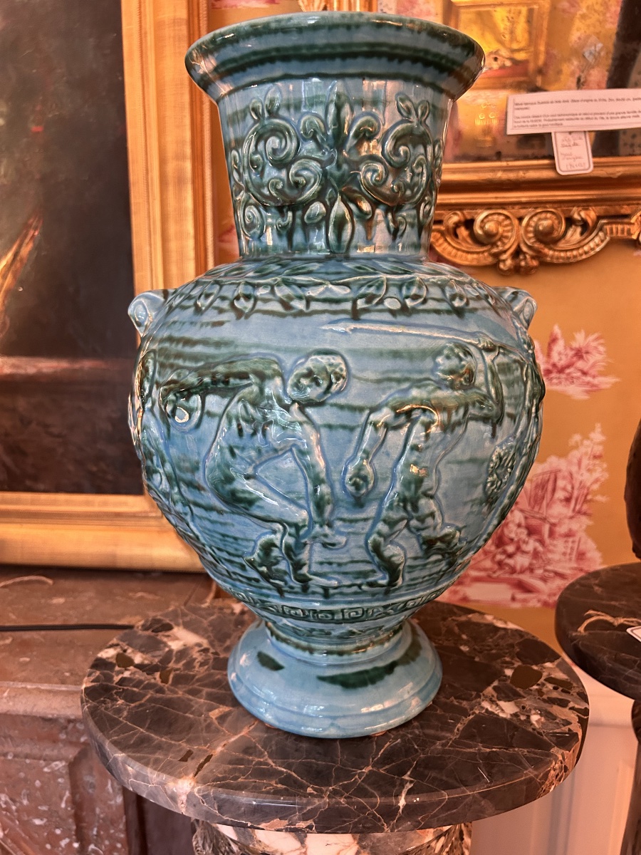 Grand vase balustre Olympiades grecques, signé MASSIER, Vallauris XXe siècle 