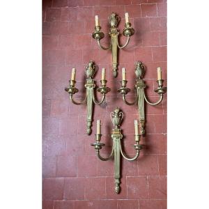 Suite Of 4 Large Louis XVI Style Sconces In Gilt Bronze 