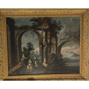 Huile sur toile , Ruines romaines animées, « Capriccio » époque XVIIIe siècle.