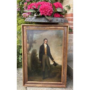Portrait en pied de gentilhomme anglais dans un jardin début XIXe