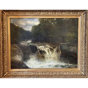 Waterfall In An English Landscape, Hst By J.b. Smith, 19th Century