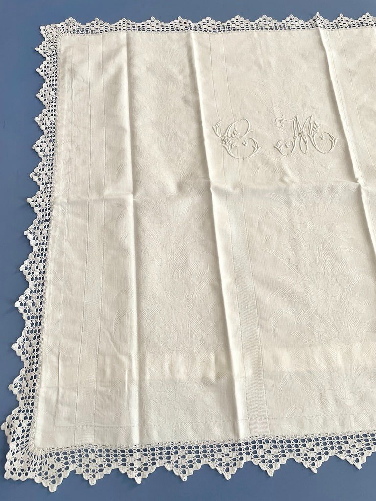 Paire de Taies d'Oreiller - Monogramme CM - Coton Damassé  - Dentelle au Crochet - Fin XIXème-photo-2