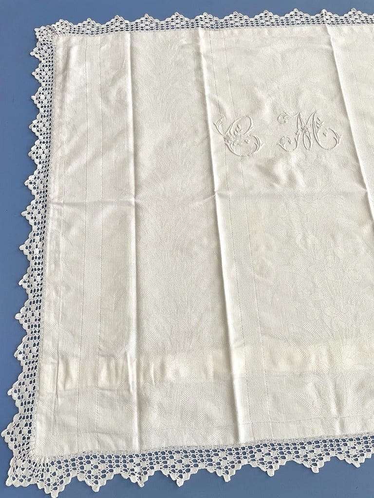 Paire de Taies d'Oreiller - Monogramme CM - Coton Damassé  - Dentelle au Crochet - Fin XIXème-photo-4