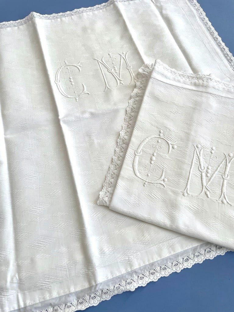 Paire de Taies d'Oreiller Marquées CM - Coton Blanc Gaufré - Fin XIXème -photo-3
