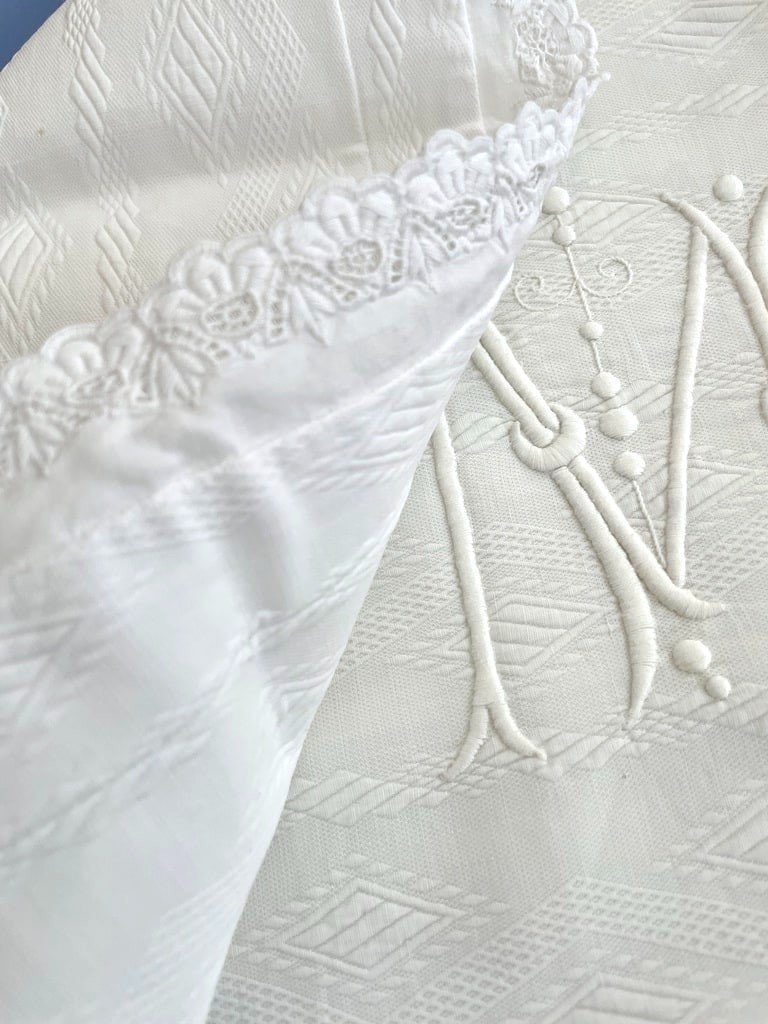 Paire de Taies d'Oreiller Marquées CM - Coton Blanc Gaufré - Fin XIXème -photo-4