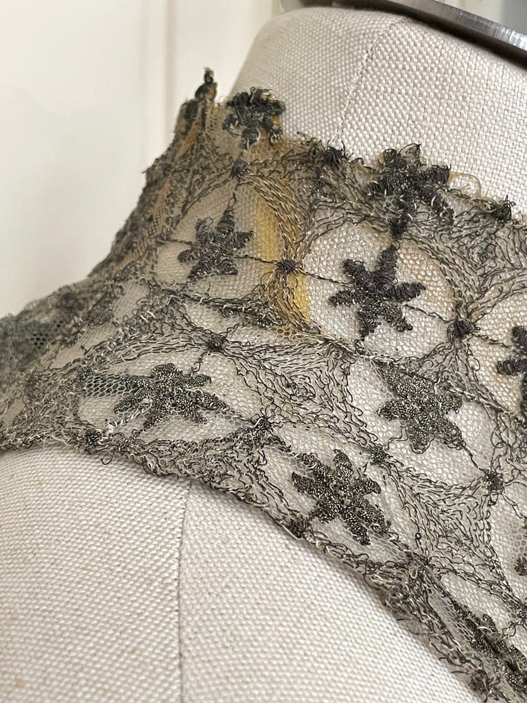Straight Collar Breastplate - Embroidered Tulle - Silver Metallic Thread - Antique Costume Piece-photo-3