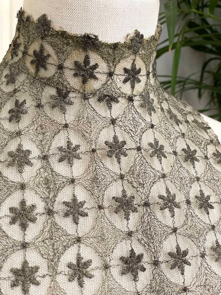 Straight Collar Breastplate - Embroidered Tulle - Silver Metallic Thread - Antique Costume Piece-photo-7