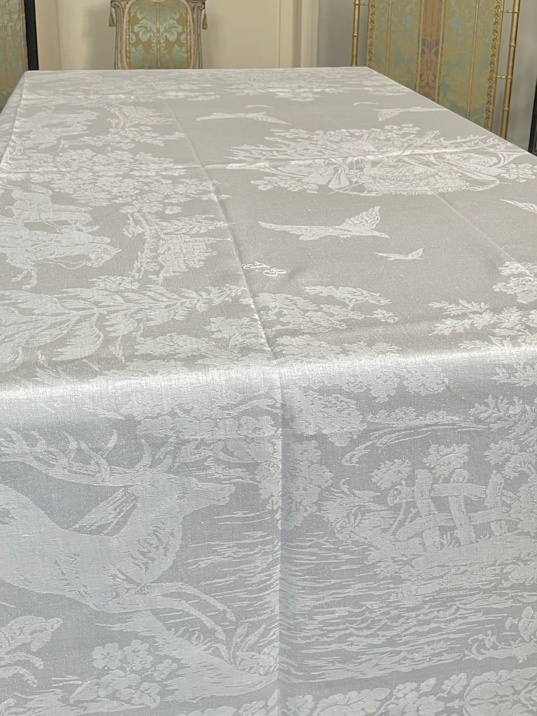 Service de Table 11 Couverts en  Lin Damassé Soyeux - Chasse à Courre - Vènerie - XIXème Siècle-photo-1