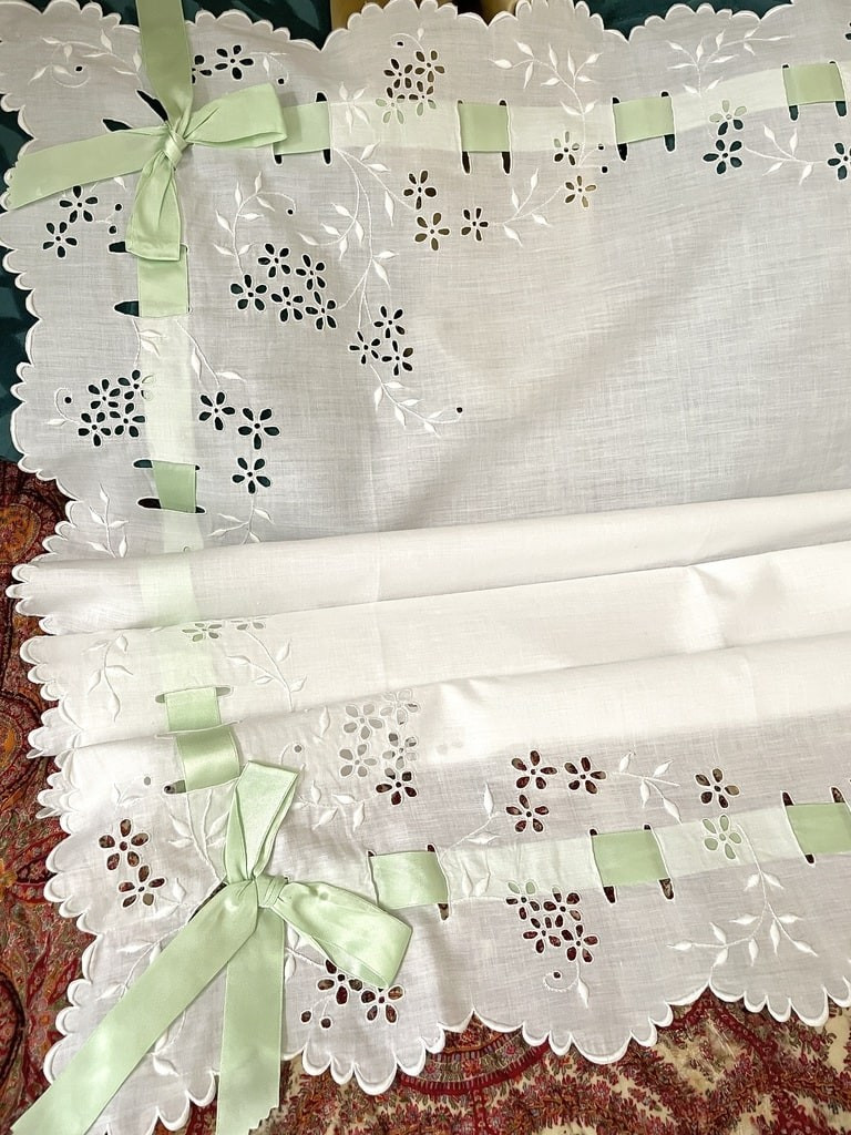 Antique Cradle Cover - Scalloped Edges, Water Green Ribbon, Fine Embroidery - 20th Century
