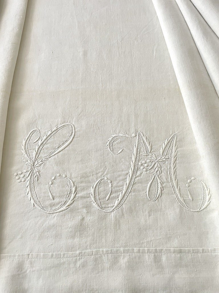 Antique Trousseau Sheet - Initials Cm Embroidered On Off-white Linen Canvas - Late 19th Century -photo-3