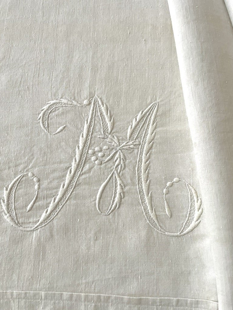 Antique Trousseau Sheet - Initials Cm Embroidered On Off-white Linen Canvas - Late 19th Century -photo-4