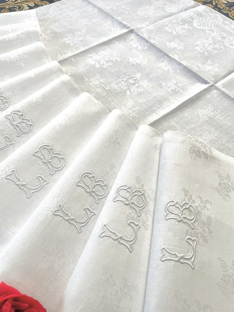Set Of 11 Lb Numbered Table Napkins - Damask Linen - Late 19th Century-photo-4