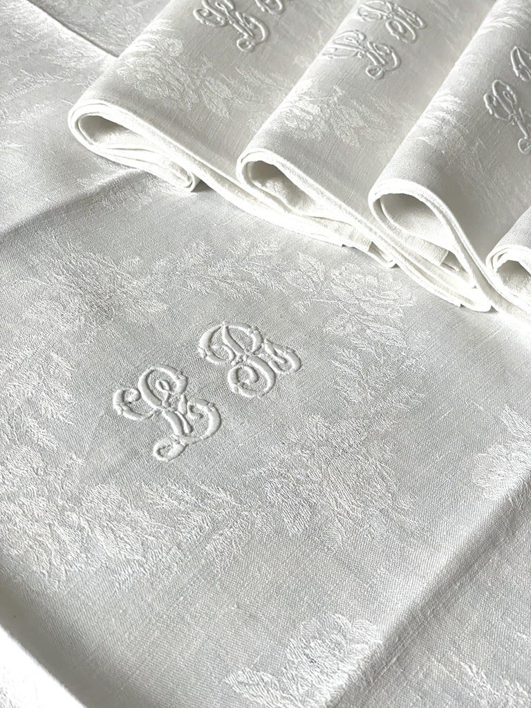 Set Of 6 Table Napkins - Linen Damask - Initials Lb - Late 19th Century - Antique Linen-photo-2