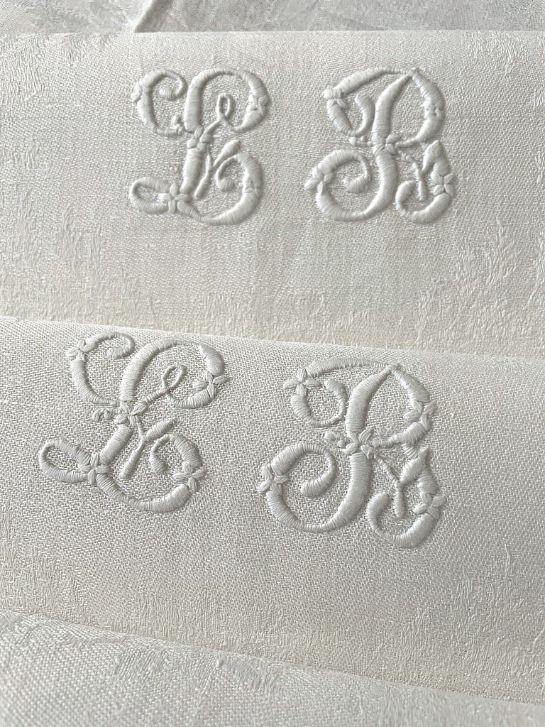 Set Of 6 Table Napkins - Linen Damask - Initials Lb - Late 19th Century - Antique Linen-photo-3