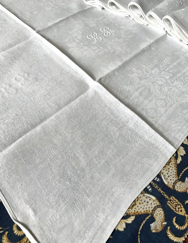 Set Of 6 Table Napkins - Linen Damask - Initials Lb - Late 19th Century - Antique Linen-photo-1