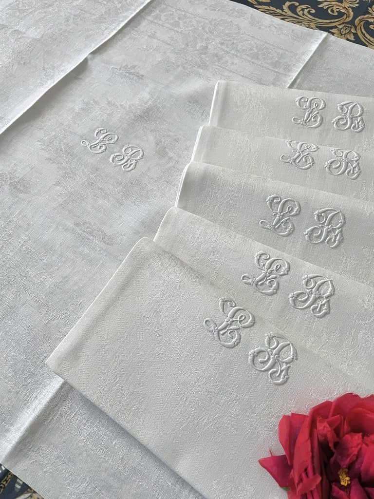 Set Of 6 Table Napkins - Linen Damask - Initials Lb - Late 19th Century - Antique Linen