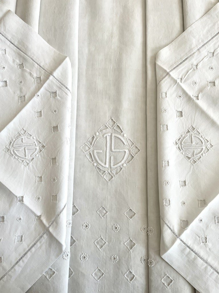 Bedding Set - Hand Embroidered Linen - Sheet And Pair Of Pillowcases Numbered Js - Antique Linen From The Early 20th Century-photo-8