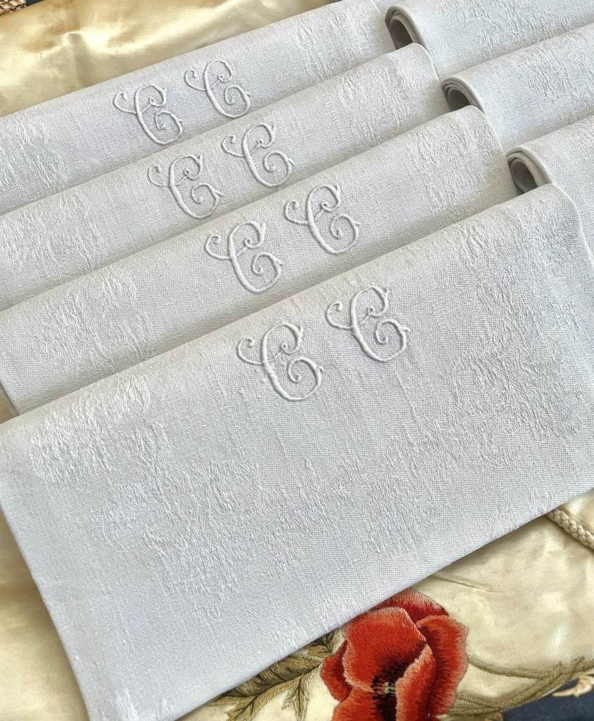 Série de 8 Serviettes de table anciennes - 4 chiffrées CC - 4 non chiffrées - Fin XIXème 
