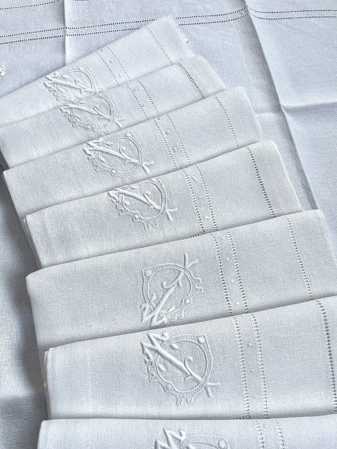 Réunion de 8 serviettes de table - Lin granité Broderie blanche - Monogramme TD - Linge ancien-photo-2