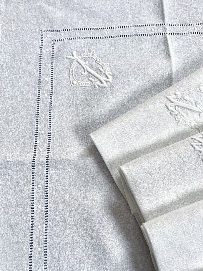 Réunion de 8 serviettes de table - Lin granité Broderie blanche - Monogramme TD - Linge ancien-photo-3