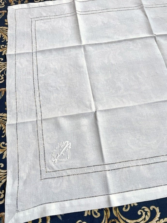 Réunion de 8 serviettes de table - Lin granité Broderie blanche - Monogramme TD - Linge ancien-photo-4