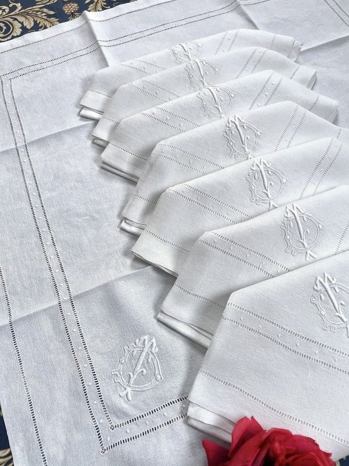 Réunion de 8 serviettes de table - Lin granité Broderie blanche - Monogramme TD - Linge ancien-photo-4