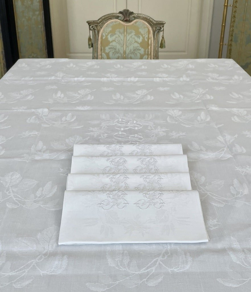 Service de Table en lin damassé - Nappe et 4 serviettes - Monogramme BB - XIXème - Linge ancien-photo-2