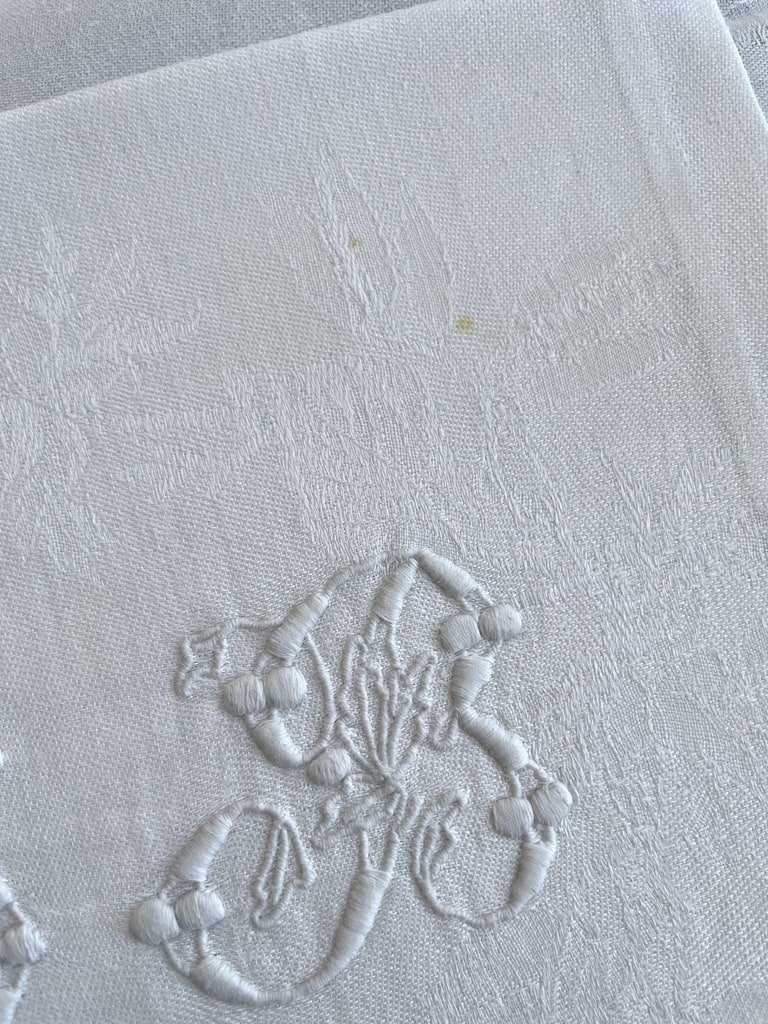 Service de Table en lin damassé - Nappe et 4 serviettes - Monogramme BB - XIXème - Linge ancien-photo-3