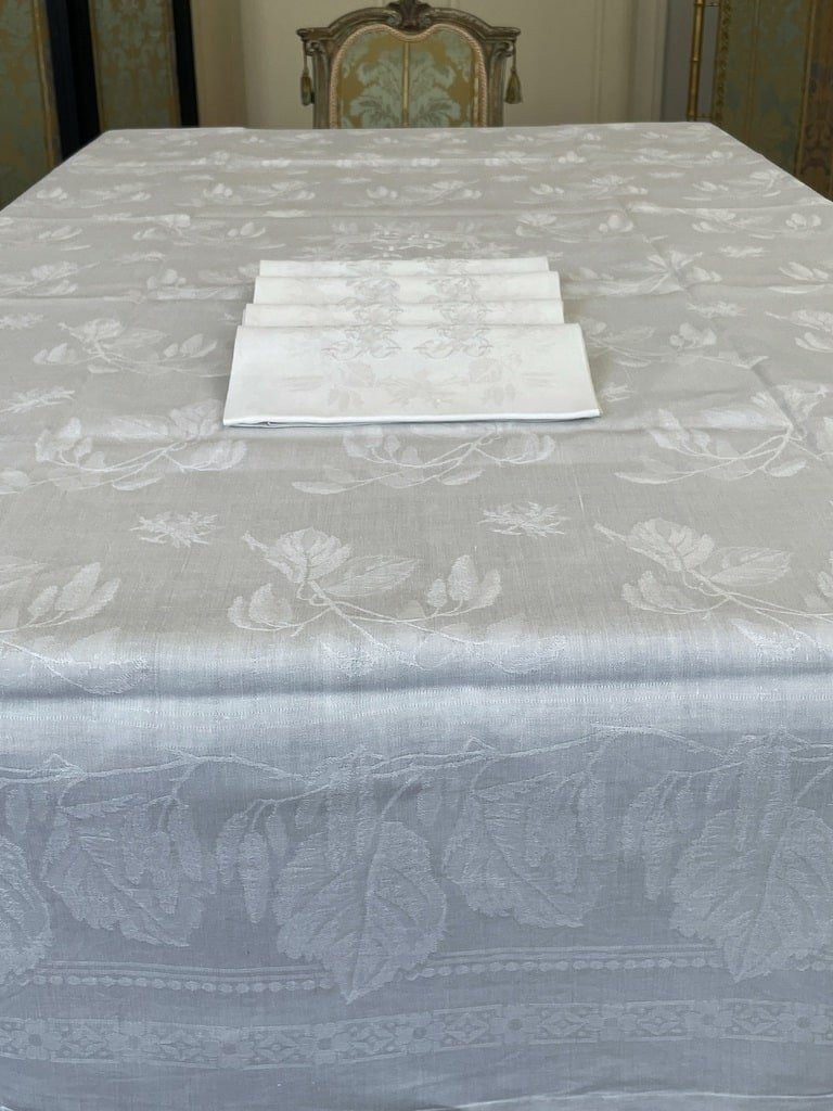 Service de Table en lin damassé - Nappe et 4 serviettes - Monogramme BB - XIXème - Linge ancien-photo-4