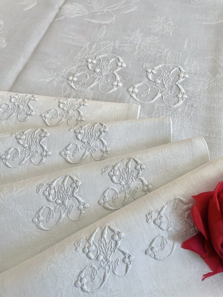 Service de Table en lin damassé - Nappe et 4 serviettes - Monogramme BB - XIXème - Linge ancien-photo-6