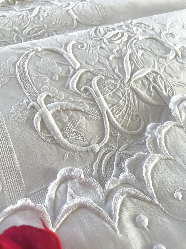 Grande couverture de mariage en piqué de coton Doublement  chiffrée DD - Epoque Napoléon III -photo-8